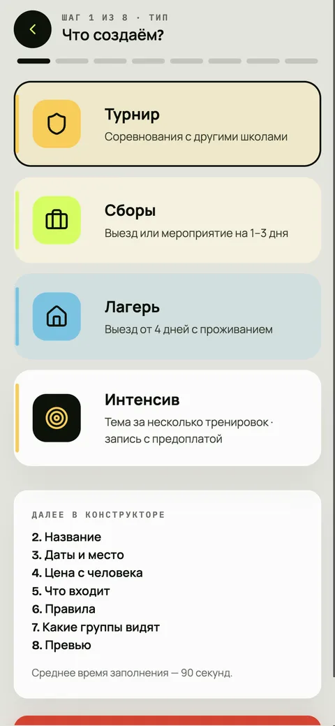 Турниры, сборы, лагеря. Событие собирается за полторы минуты: даты, цена, кто видит. Родители записываются сами.